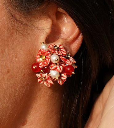 Picture of Bouquet clip earrings with small red ceramic flowers, pearls and stones