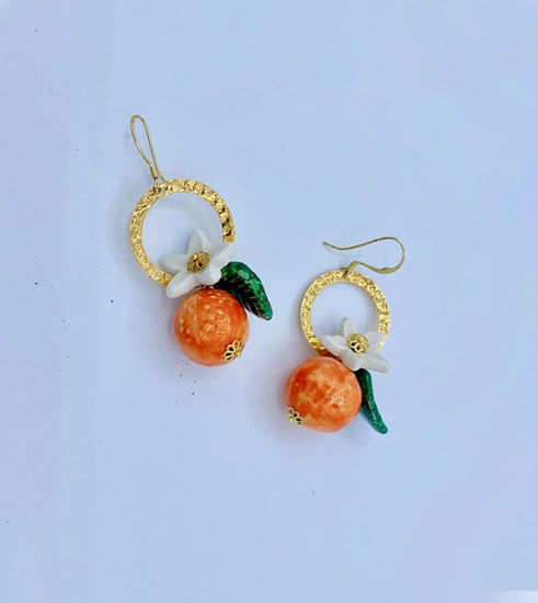 Picture of Hand painted ceramic orange earrings with ceramic flower and leaf pendants