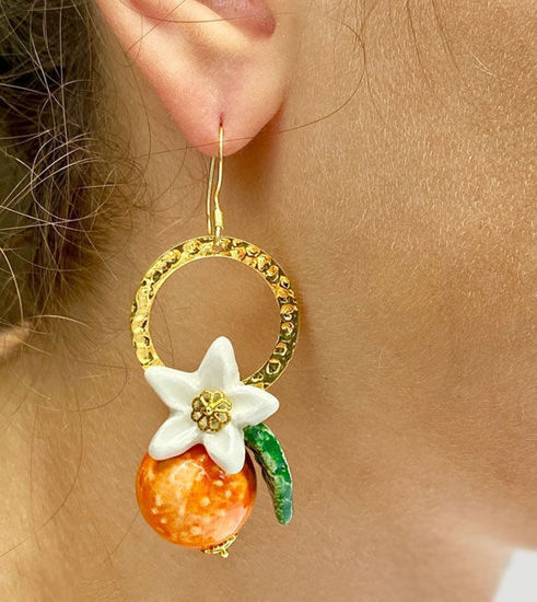 Picture of Hand painted ceramic orange earrings with ceramic flower and leaf pendants
