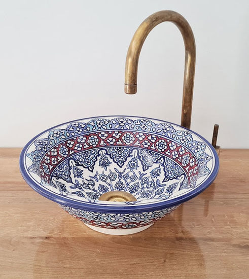 Picture of MANDALA Bathroom Washbasin - Bathroom Vessel Sink - Countertop Basin - Mediterranean Bowl Sink Lavatory - Solid Brass Drain Cap Gift