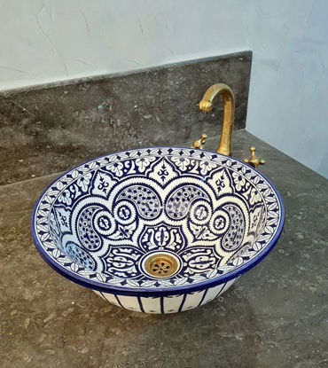 Picture of CUSTOMIZABLE Blue & White Ceramic Vessel / Drop In Sink, Bathroom Ceramic Sink Bowl, HandPainted Ceramic Basin, Countertop Vessel sink