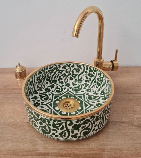 Picture of 14 Karat Gold & Green Flower Washbasin Ceramic Bathroom Vessel - CUSTOMIZABLE 14k Gold Rim Bathroom Sink - Luxury Decor