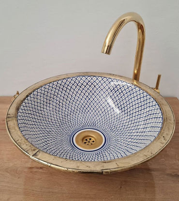 Picture of Drop In or Undermount Brushed Brass Rim Bathroom Sink - Brass & Ceramic Bathroom Vessel - Antique Bathroom Decor, Mid Century Modern Styling