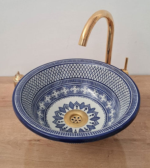 Picture of Blue BRAYA Bathroom Wash Basin - Bathroom Vessel Sink - Countertop Basin - Mediterranean Bowl Sink Lavatory - Solid Brass Drain Cap Gift