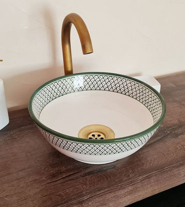 Picture of Minimalist White Ceramic Bathroom Sink - Fish Scales Design Green And White Vanity Round Sink - Bathroom Decor - Solid Brass Drain Cap GIFT