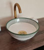 Picture of Minimalist White Ceramic Bathroom Sink - Fish Scales Design Green And White Vanity Round Sink - Bathroom Decor - Solid Brass Drain Cap GIFT