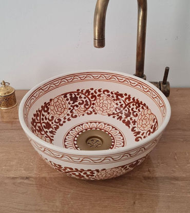 Picture of Brown & White Bathroom Wash Basin - Bathroom Vessel Sink - Countertop Basin - Mediterranean Bowl Sink Lavatory - Solid Brass Drain Cap Gift