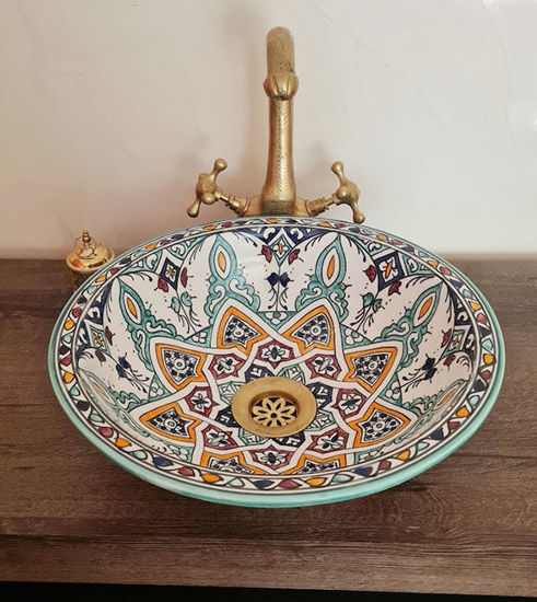 Picture of Drop In or Undermount Bohemian Bathroom Sink - Handpainted Ceramic Bathroom Vessel - Antique Bathroom Decor - Mid Century Bathroom Sink