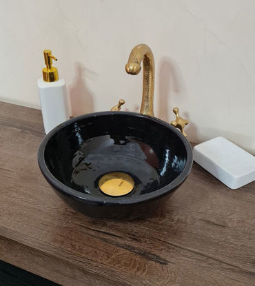 Picture of Glazed Black Ceramic Sink, Mid century Modern Washbasin - Minimalist Bathroom Vessel Sink - Solid Brass Drain Cap GIFT, Antique waschbecken