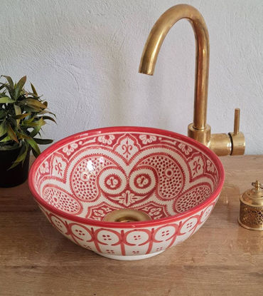 Picture of Pinkish Red Bathroom Wash Basin - Bathroom Vessel Sink - Countertop Basin - Mediterranean Bowl Sink Lavatory - Solid Brass Drain Cap Gift