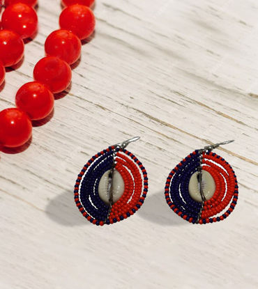 Picture of African Maasai  Beaded Earrings with Sea Shell Two-Tone Maasai Handcrafted Earrings African Shell Earrings Beaded Earrings Indian Crafts Artisan Made Jewelry