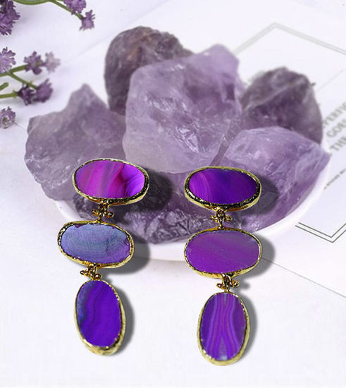 Elegant purple amethyst drop earrings set in gold-plated brass, showcasing natural stone variations.