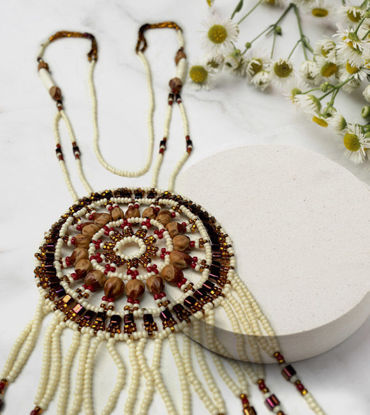 Handmade Native American necklace featuring colorful beads, inspired by powwow art and rich cultural heritage.