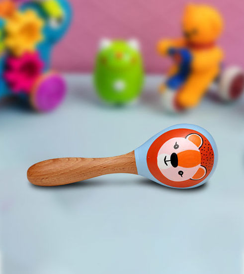 Wooden baby rattle featuring a bear design, handcrafted, non-toxic, with googly eyes for sensory play and motor skill development.