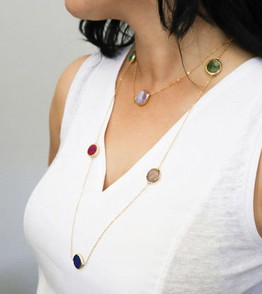 Handmade long necklace with multi-colored stones on a gold-plated chain