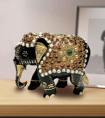 Picture of Handcrafted Black Wooden Elephant Showpiece – Embellished Decorative Art from Karnataka (5"x3.5")