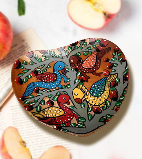 Picture of Hand-Painted Wooden Bird Tray – Bengal Pattachitra Snack Tray