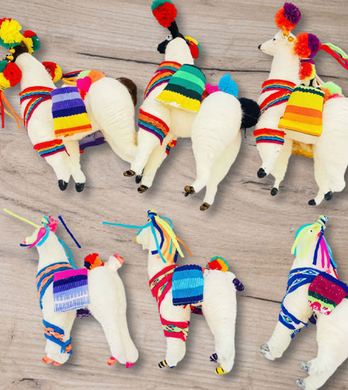 Picture of Christmas Tree Llama Ornaments – Set of 6 Handmade Peruvian Folk Art, Colorful Wool Decorations