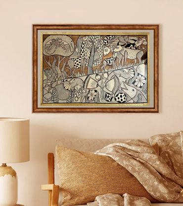 A vibrant Patachitra painting of jungle animals above a bed, showcasing monkeys, deer, and fish in a lush Bengal landscape.