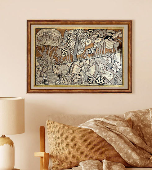 A vibrant Patachitra painting of jungle animals above a bed, showcasing monkeys, deer, and fish in a lush Bengal landscape.