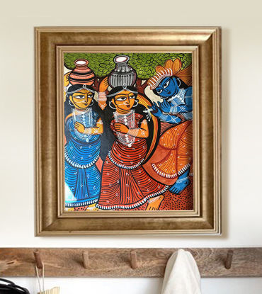 Handpainted Bengal Patachitra artwork of Radha Krishna and Gopis in vibrant traditional attire, showcasing Indian folk art.