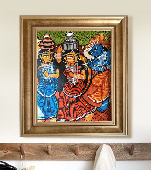 Handpainted Bengal Patachitra artwork of Radha Krishna and Gopis in vibrant traditional attire, showcasing Indian folk art.