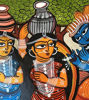 Vibrant 11"x11" Bengal Patachitra painting of Radha Krishna and Gopis, used as a beautiful wall art.