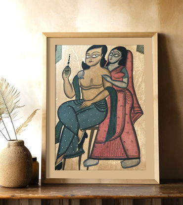 Framed Bengal Patachitra painting of a couple sitting on a couch, showcasing intimacy and folk artistry in natural colors.