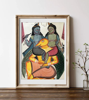 Framed Patachitra painting of Lord Vishnu on Garuda, showcasing intricate folk art details.