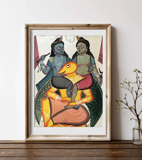 Framed Patachitra painting of Lord Vishnu on Garuda, showcasing intricate folk art details.