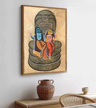 Painting of Lakshmi and Narayana on Sheshnag, showcasing intricate details in traditional Mithila style with herbal colors.