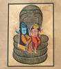 Lakshmi Narayana seated on Sheshnag, depicted in vibrant Mithila art, highlighting divine connection and cultural heritage.