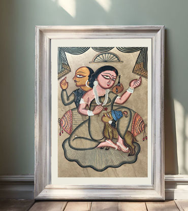 Traditional Bengal Patachitra painting of a woman seated, gesturing expressively, with a musician behind her, rich in color.