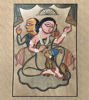 Folk art painting of a woman seated gracefully, gesturing, accompanied by a musician, showcasing vibrant Bengal Pattachitra style.