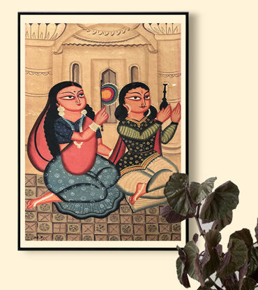 A Bengal Patachitra painting shows a couple seated gracefully, capturing a serene moment in earthy tones.