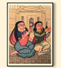 A couple sits gracefully on a wall surrounded by a plant, depicted in a traditional Bengal Patachitra folk art style.