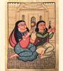 In this Bengal Patachitra artwork, a couple relaxes beside a plant, showcasing intricate details and natural colors.