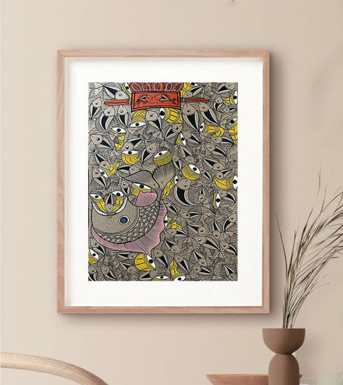 Hand-painted Bengal Patachitra fish artwork on yellow background, showcasing vibrant colors and intricate detailing, 22x14 inches.