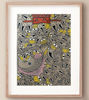 Framed Bengal Pattachitra fish painting with a yellow backdrop, featuring whimsical designs and herbal colors