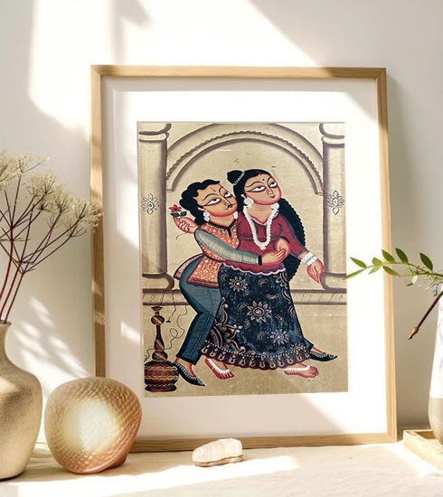 Handcrafted Bengal Patachitra painting of a couple embracing, showcasing intricate details and earthy tones in a romantic setting.