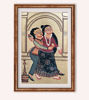 Framed Bengal Patachitra artwork of a couple in an embrace, highlighting intricate linework and natural colors.