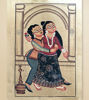 Romantic Bengal Pattachitra folk art painting depicting a couple hugging, featuring rich colors and traditional artistic elements.