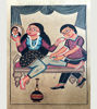 A framed painting in Bengal Patachitra style shows two people, one lost in thought as the other massages her legs.