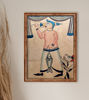 Framed Bengal Patachitra painting of a man holding a fish, showcasing vibrant colors and traditional folk art style.