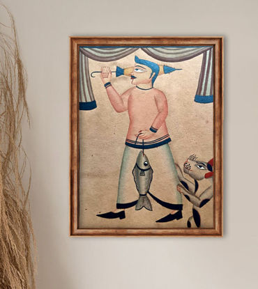 Framed Bengal Patachitra painting of a man holding a fish, showcasing vibrant colors and traditional folk art style.
