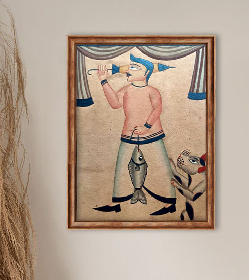 Framed Bengal Patachitra painting of a man holding a fish, showcasing vibrant colors and traditional folk art style.