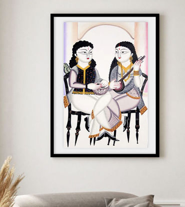 Painting of two musicians in traditional attire sitting on a couch, engaged in a musical duet, showcasing Bengal Patachitra art.