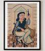 Bengal Patachitra artwork depicting a poised man in a chair, surrounded by ornate details and a lotus-arched background.