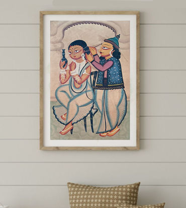 Framed Bengal Patachitra painting of a couple, showcasing love and intimacy in natural colors on paper.