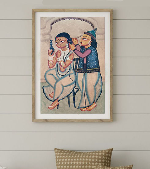 Framed Bengal Patachitra painting of a couple, showcasing love and intimacy in natural colors on paper.